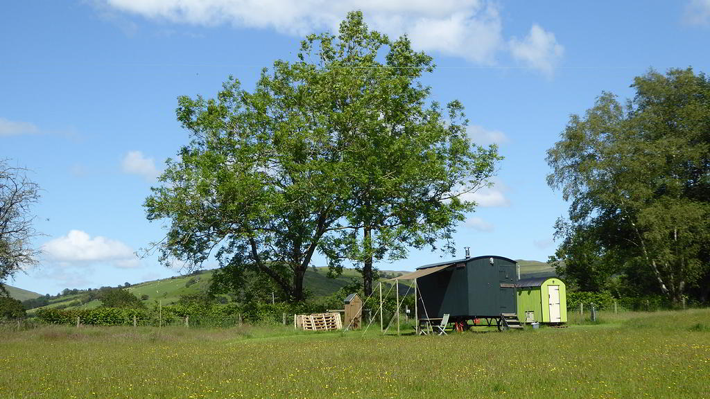View of Hygge Hut with tree and hills in the background 