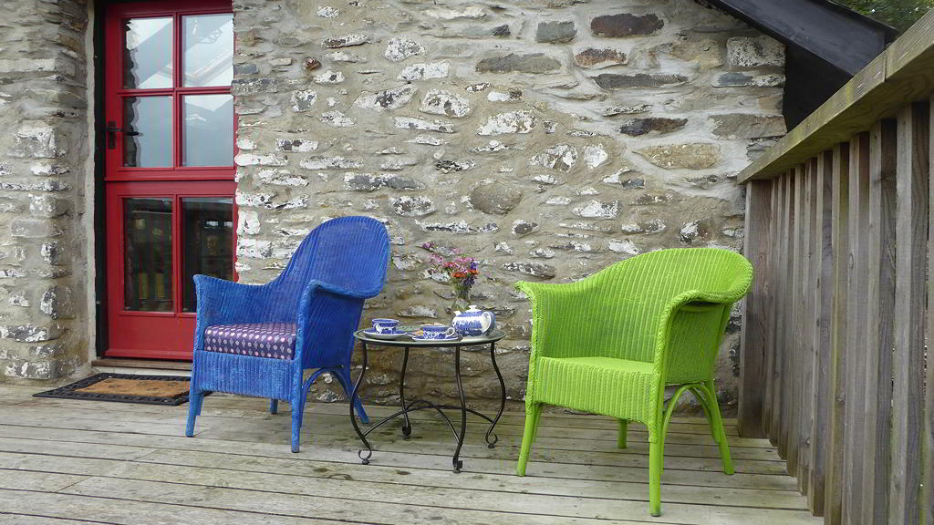 Stable door, Chairs and table set for tea on Y Granar Balcony